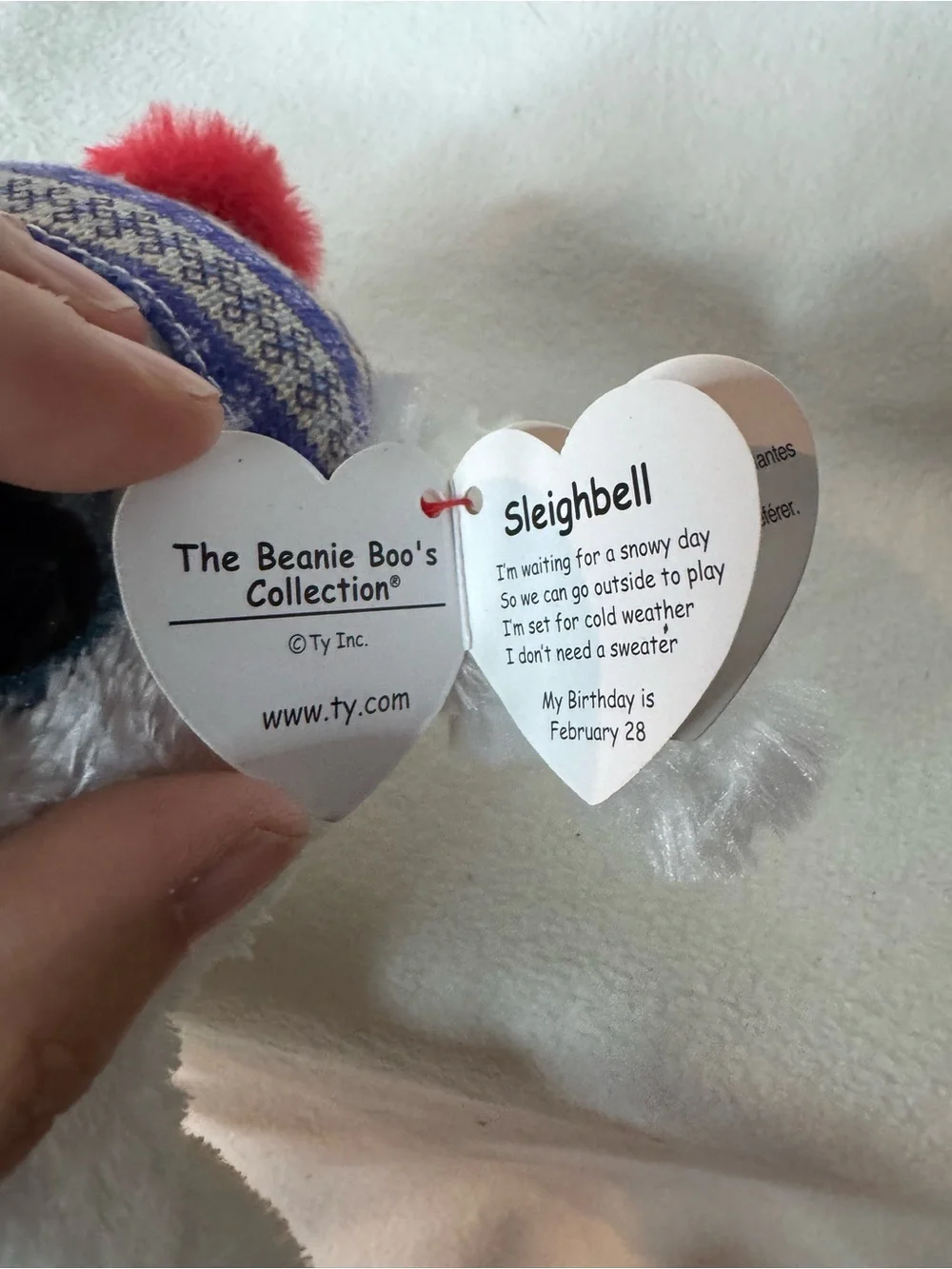 Ty Beanie Boos Sleighbell White Dog Plush Winter Hat MWMT 6” Birthday Feb 28